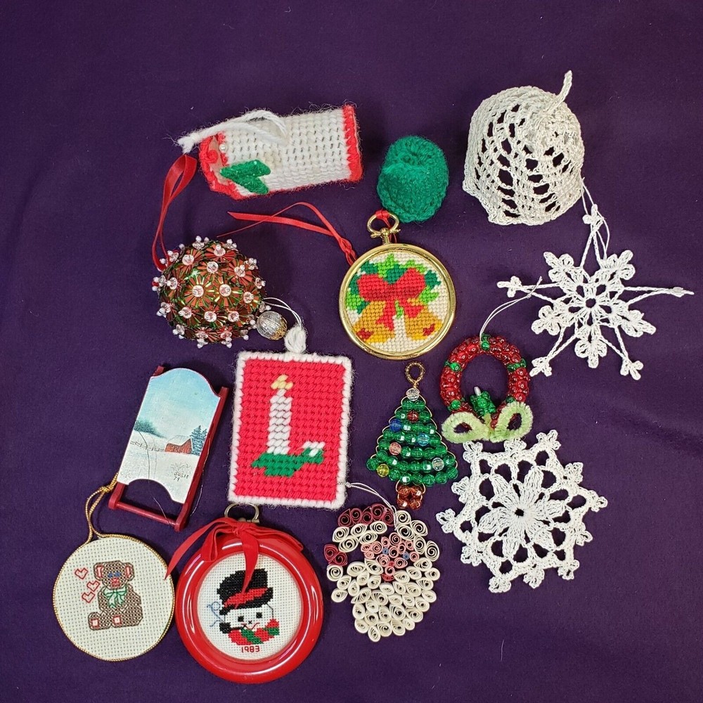 Vintage Lot of Handmade Christmas Ornaments Crochet Cross Stitch Beading